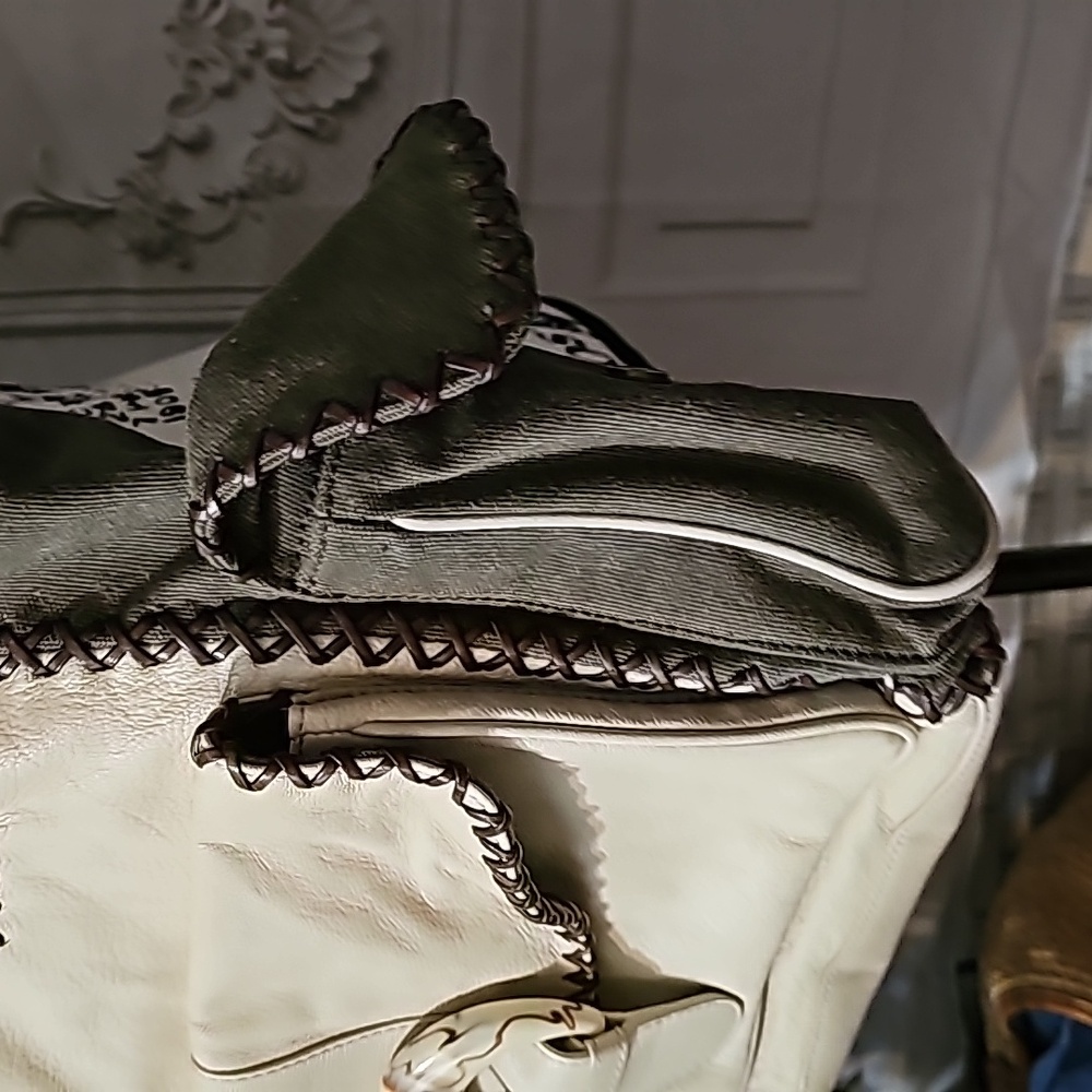 Sondra Roberts Cream/Olive Vegan Leather and Canvas Stitch Bag NWT - Picture 8 of 13